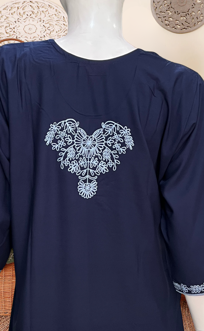 Navy Blue Embroidery Soft Cotton Long Sleeves Nighty. Soft Breathable Fabric | Laces and Frills