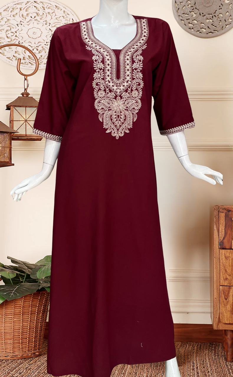 Maroon Embroidery Soft Cotton Long Sleeves Nighty. Soft Breathable Fabric | Laces and Frills