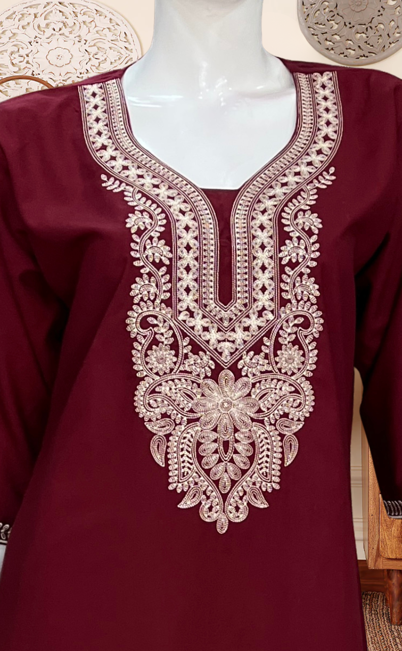 Maroon Embroidery Soft Cotton Long Sleeves Nighty. Soft Breathable Fabric | Laces and Frills
