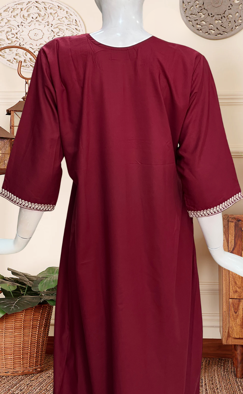 Maroon Embroidery Soft Cotton Long Sleeves Nighty. Soft Breathable Fabric | Laces and Frills