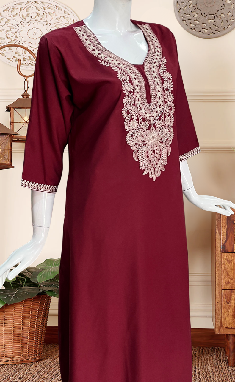 Maroon Embroidery Soft Cotton Long Sleeves Nighty. Soft Breathable Fabric | Laces and Frills