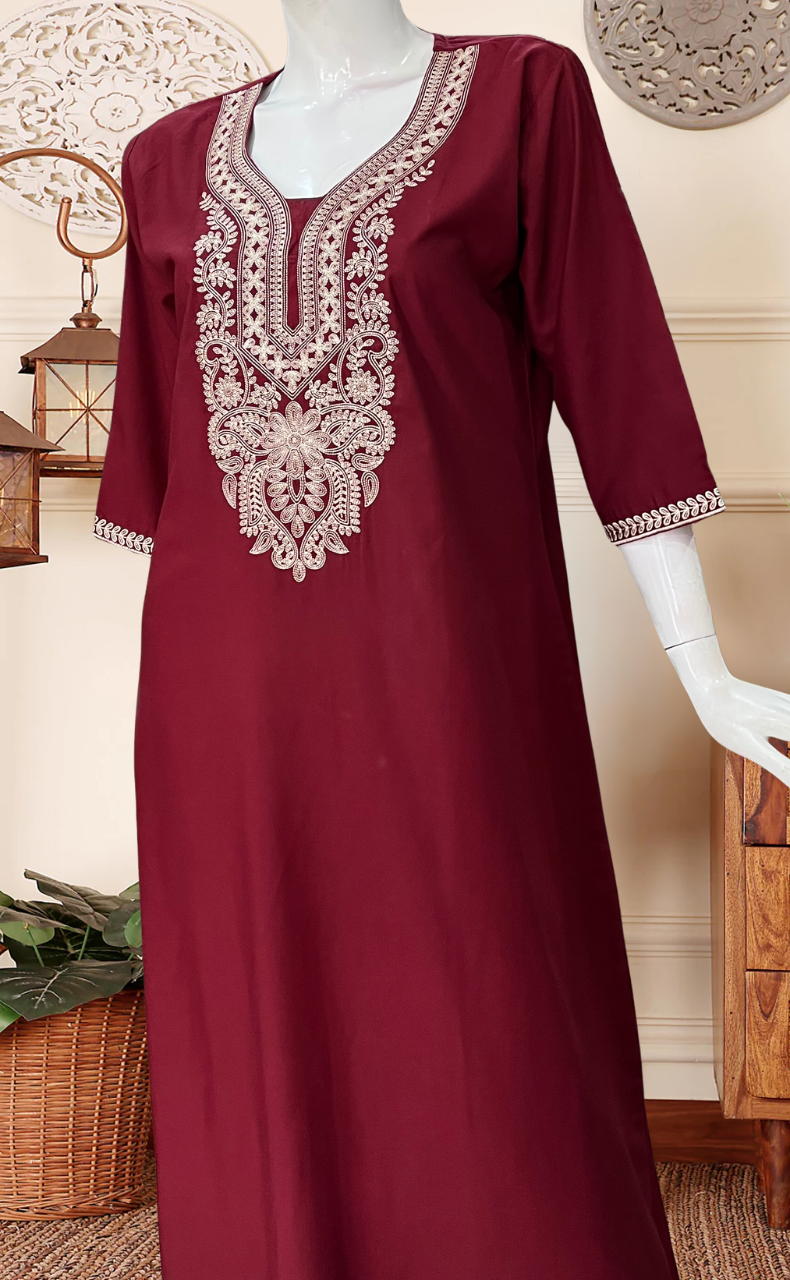 Maroon Embroidery Soft Cotton Long Sleeves Nighty. Soft Breathable Fabric | Laces and Frills