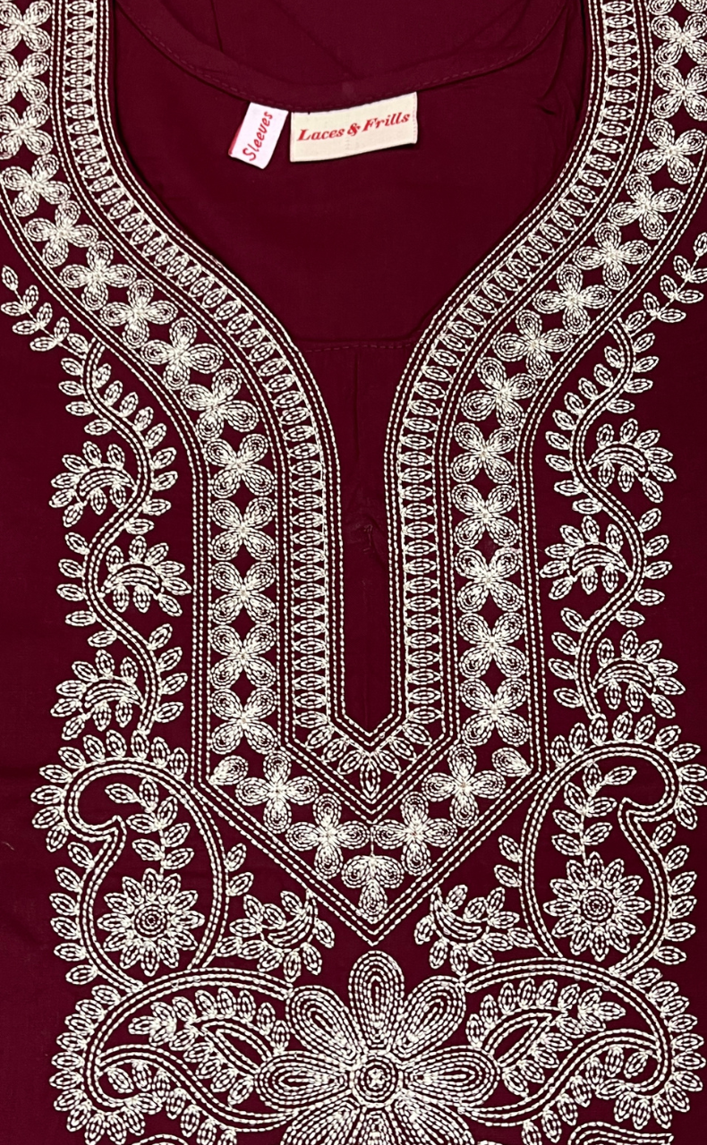 Maroon Embroidery Soft Cotton Long Sleeves Nighty. Soft Breathable Fabric | Laces and Frills