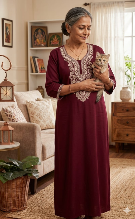 Maroon Embroidery Soft Cotton Long Sleeves Nighty. Soft Breathable Fabric | Laces and Frills - Laces and Frills