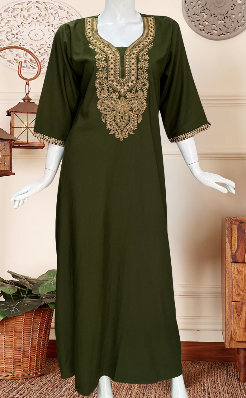 Olive Green Embroidery Soft Cotton Long Sleeves Nighty. Soft Breathable Fabric | Laces and Frills
