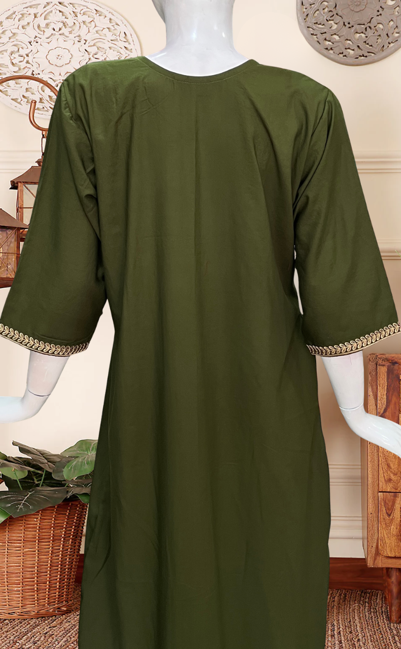 Olive Green Embroidery Soft Cotton Long Sleeves Nighty. Soft Breathable Fabric | Laces and Frills