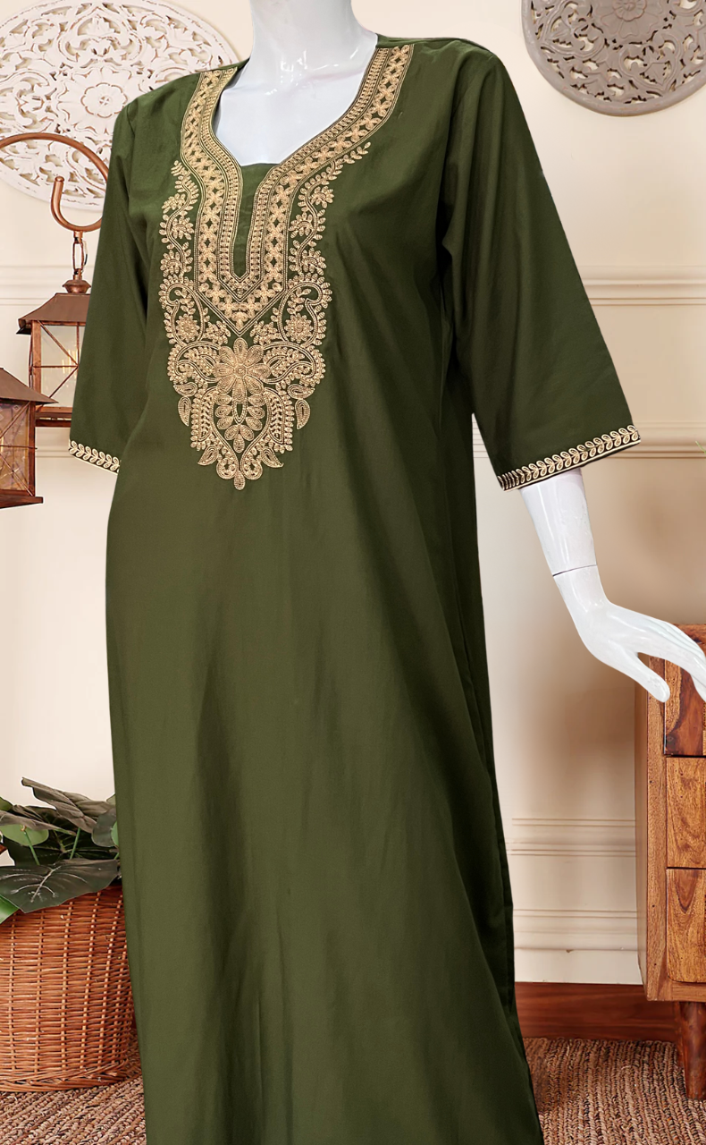 Olive Green Embroidery Soft Cotton Long Sleeves Nighty. Soft Breathable Fabric | Laces and Frills