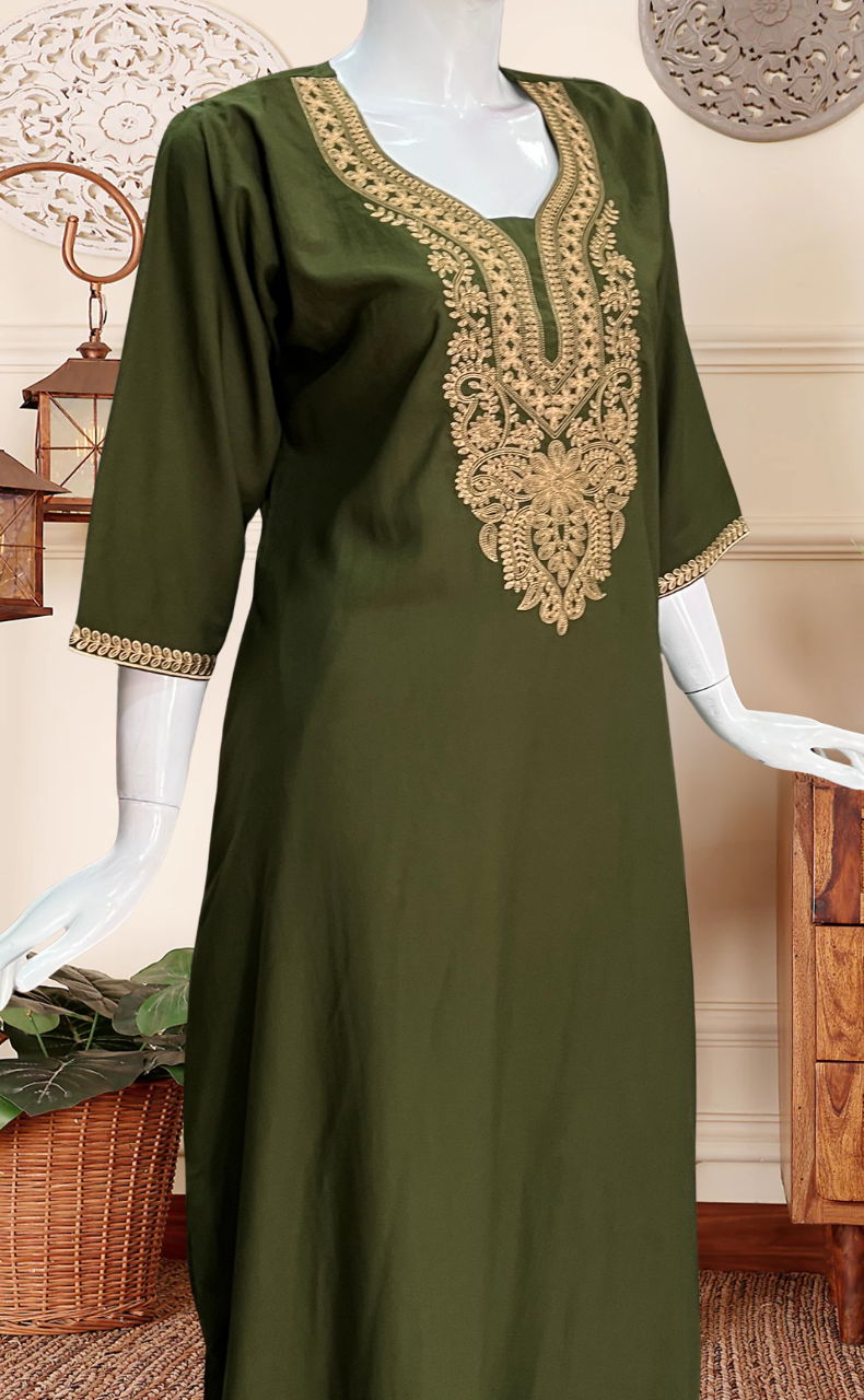 Olive Green Embroidery Soft Cotton Long Sleeves Nighty. Soft Breathable Fabric | Laces and Frills