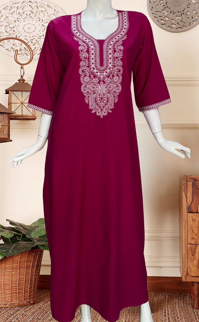 Pink Embroidery Soft Cotton Long Sleeves Nighty. Soft Breathable Fabric | Laces and Frills