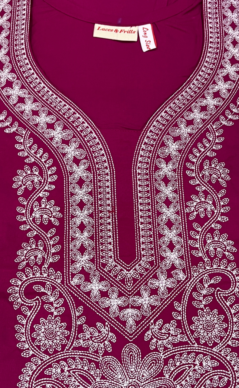 Pink Embroidery Soft Cotton Long Sleeves Nighty. Soft Breathable Fabric | Laces and Frills