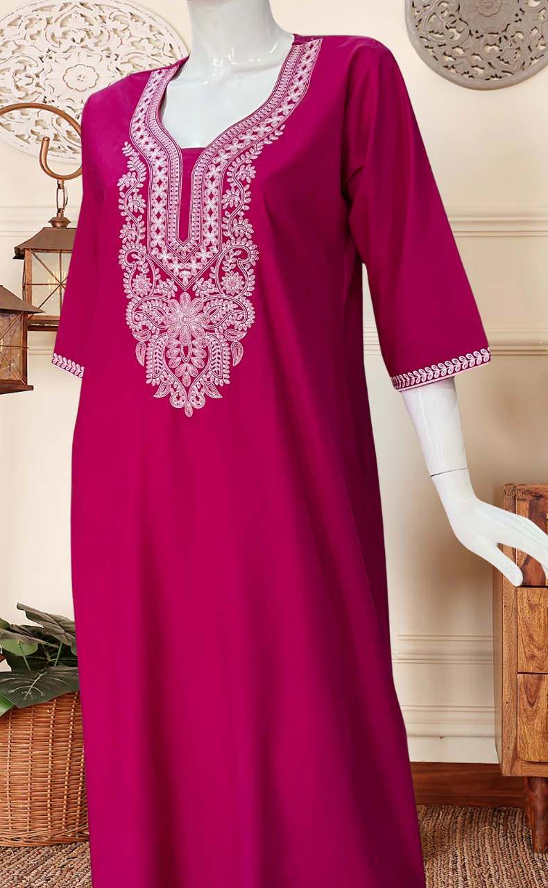 Pink Embroidery Soft Cotton Long Sleeves Nighty. Soft Breathable Fabric | Laces and Frills