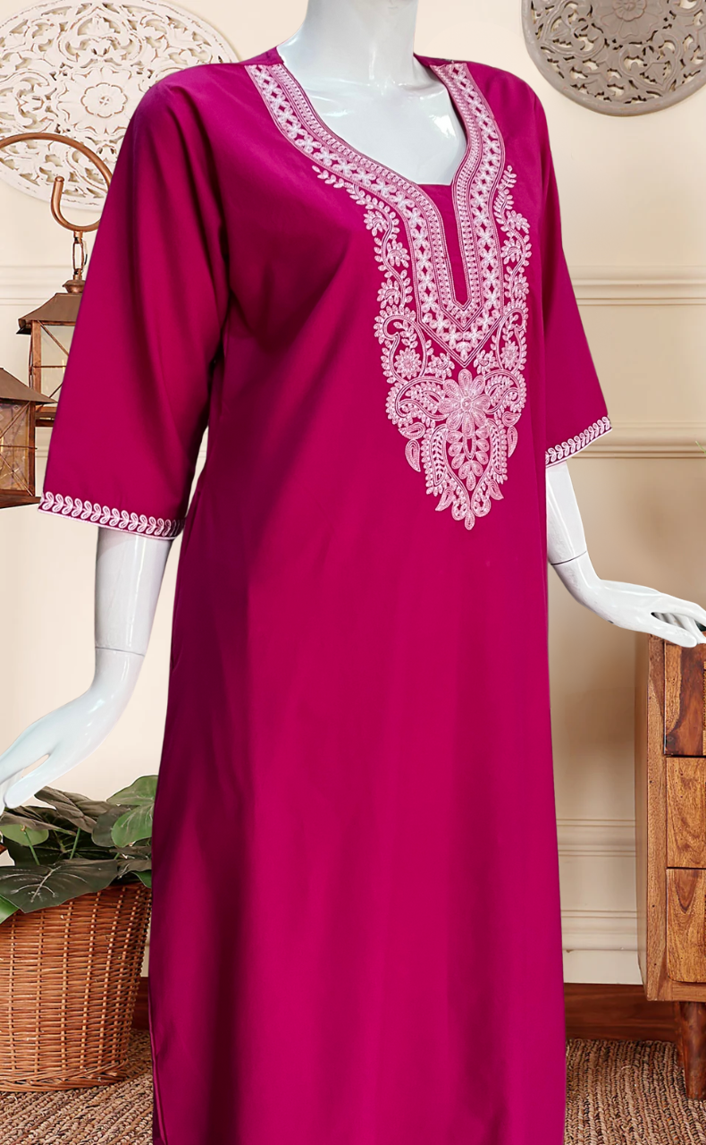 Pink Embroidery Soft Cotton Long Sleeves Nighty. Soft Breathable Fabric | Laces and Frills