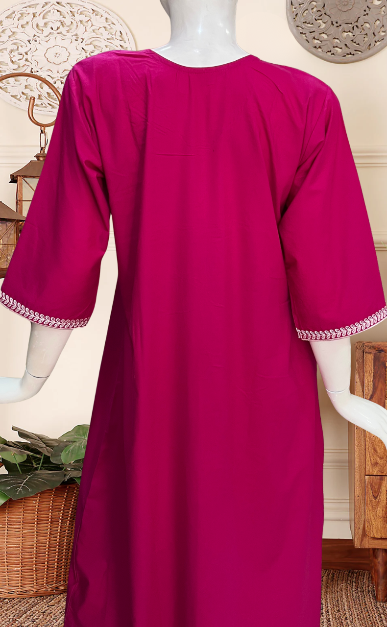 Pink Embroidery Soft Cotton Long Sleeves Nighty. Soft Breathable Fabric | Laces and Frills