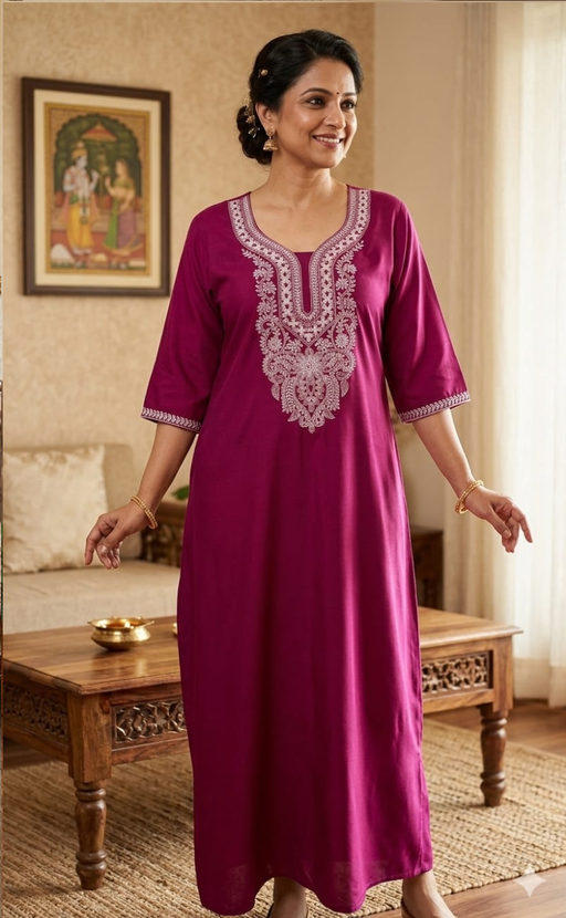 Pink Embroidery Soft Cotton Long Sleeves Nighty. Soft Breathable Fabric | Laces and Frills - Laces and Frills