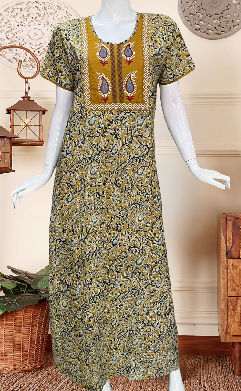 Mustard Kalamkari Pure Cotton Nighty. Pure Durable Cotton | Laces and Frills