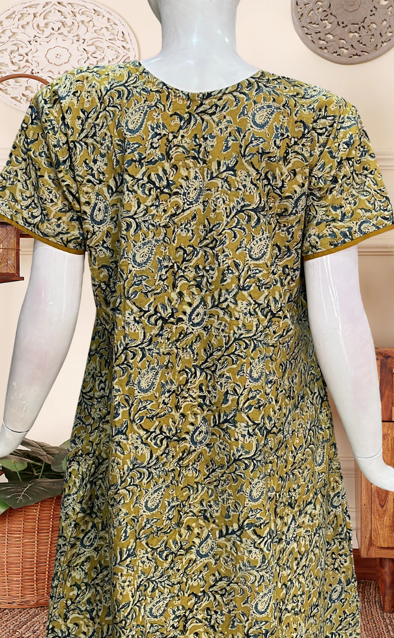 Mustard Kalamkari Pure Cotton Nighty. Pure Durable Cotton | Laces and Frills