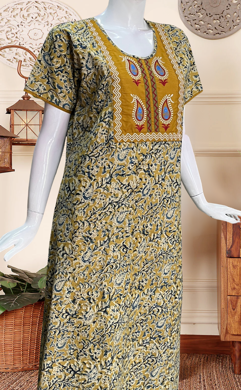 Mustard Kalamkari Pure Cotton Nighty. Pure Durable Cotton | Laces and Frills