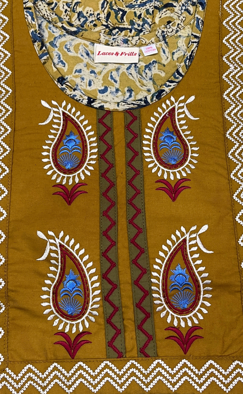 Mustard Kalamkari Pure Cotton Nighty. Pure Durable Cotton | Laces and Frills