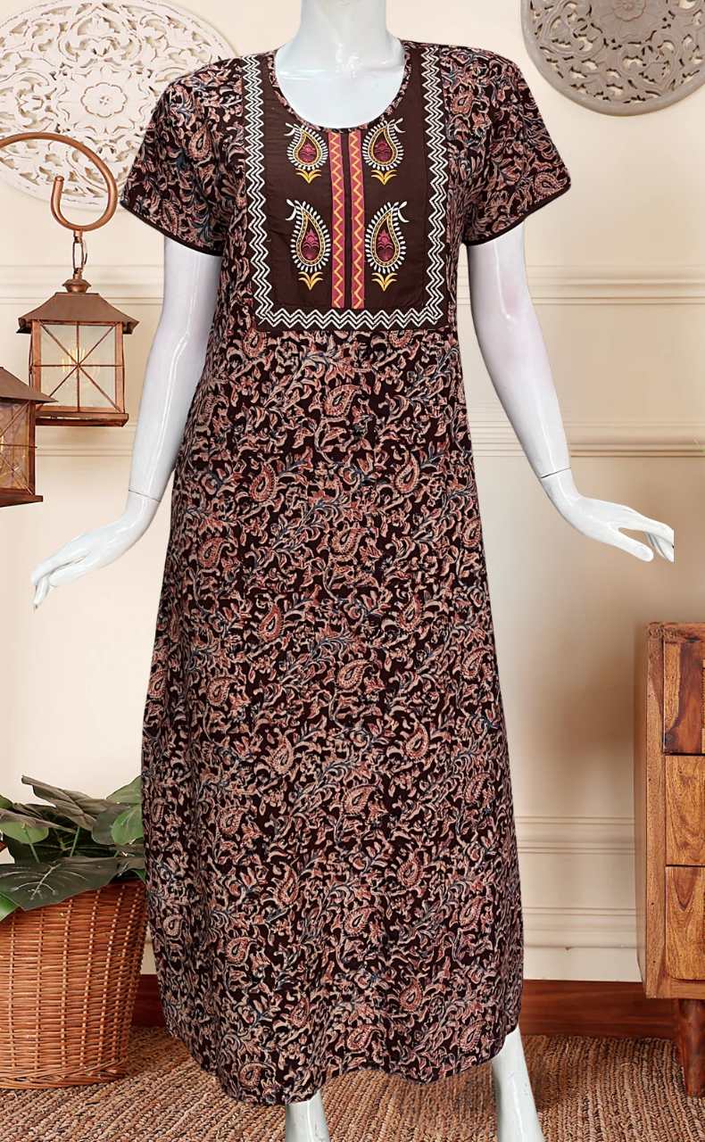 Brown Kalamkari Pure Cotton Nighty. Pure Durable Cotton | Laces and Frills