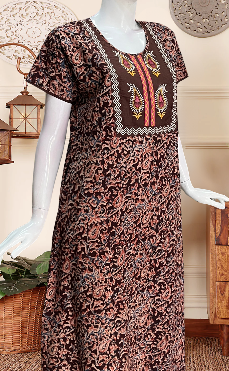 Brown Kalamkari Pure Cotton Nighty. Pure Durable Cotton | Laces and Frills
