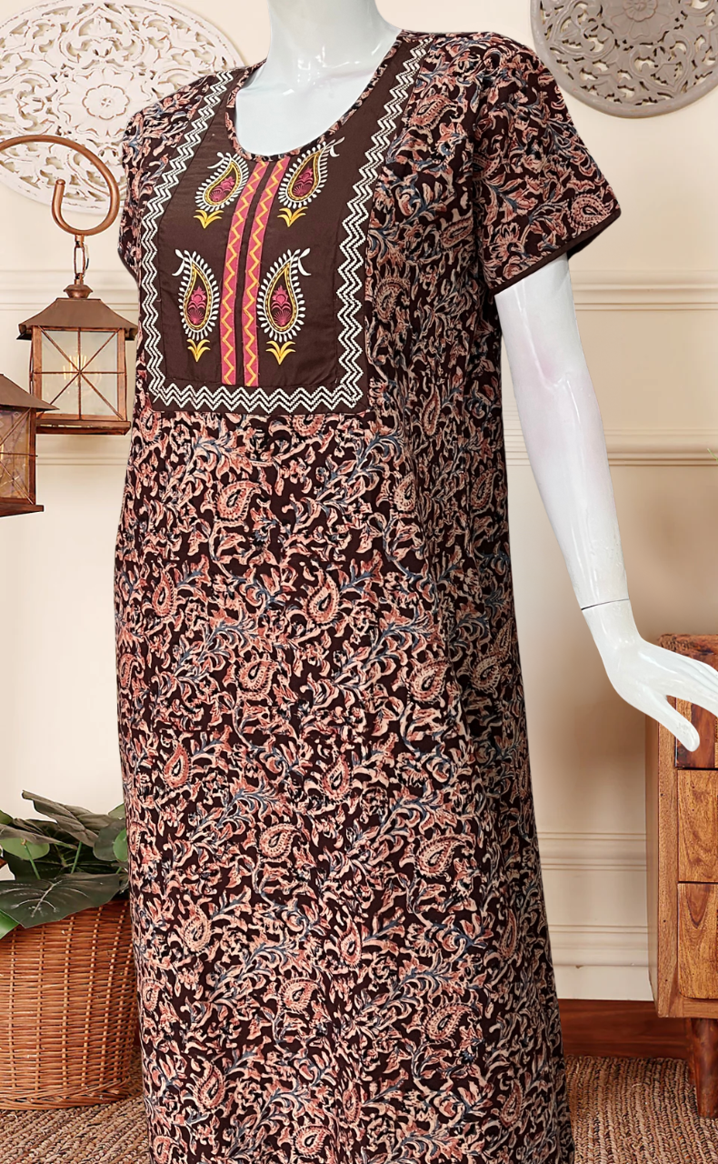 Brown Kalamkari Pure Cotton Nighty. Pure Durable Cotton | Laces and Frills