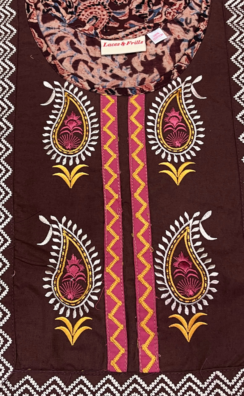 Brown Kalamkari Pure Cotton Nighty. Pure Durable Cotton | Laces and Frills