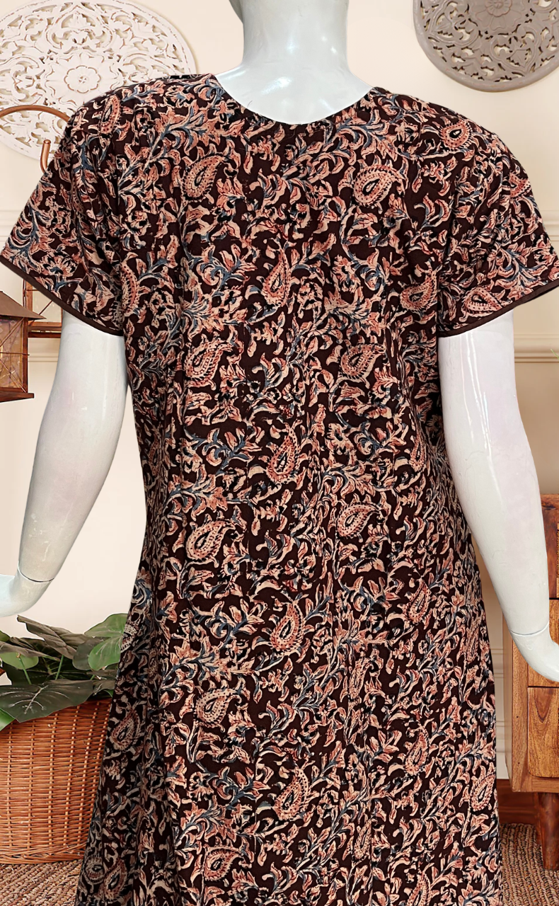 Brown Kalamkari Pure Cotton Nighty. Pure Durable Cotton | Laces and Frills