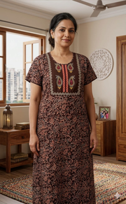 Brown Kalamkari Pure Cotton Nighty. Pure Durable Cotton | Laces and Frills - Laces and Frills