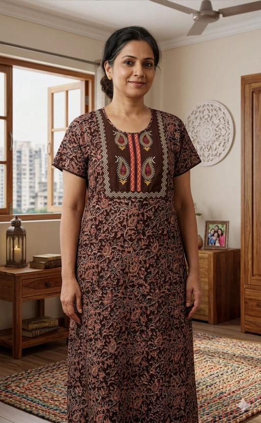 Brown Kalamkari Pure Cotton Nighty. Pure Durable Cotton | Laces and Frills - Laces and Frills