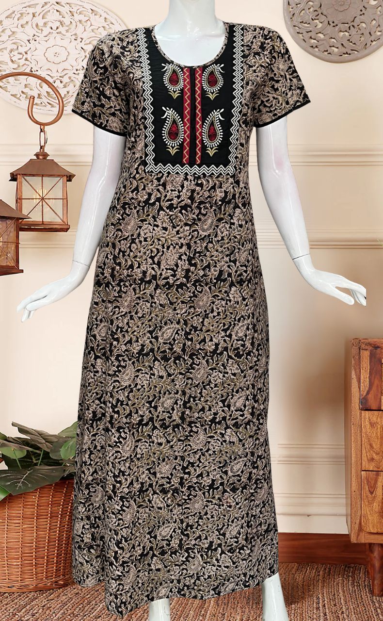 Black Kalamkari Pure Cotton Nighty. Pure Durable Cotton | Laces and Frills