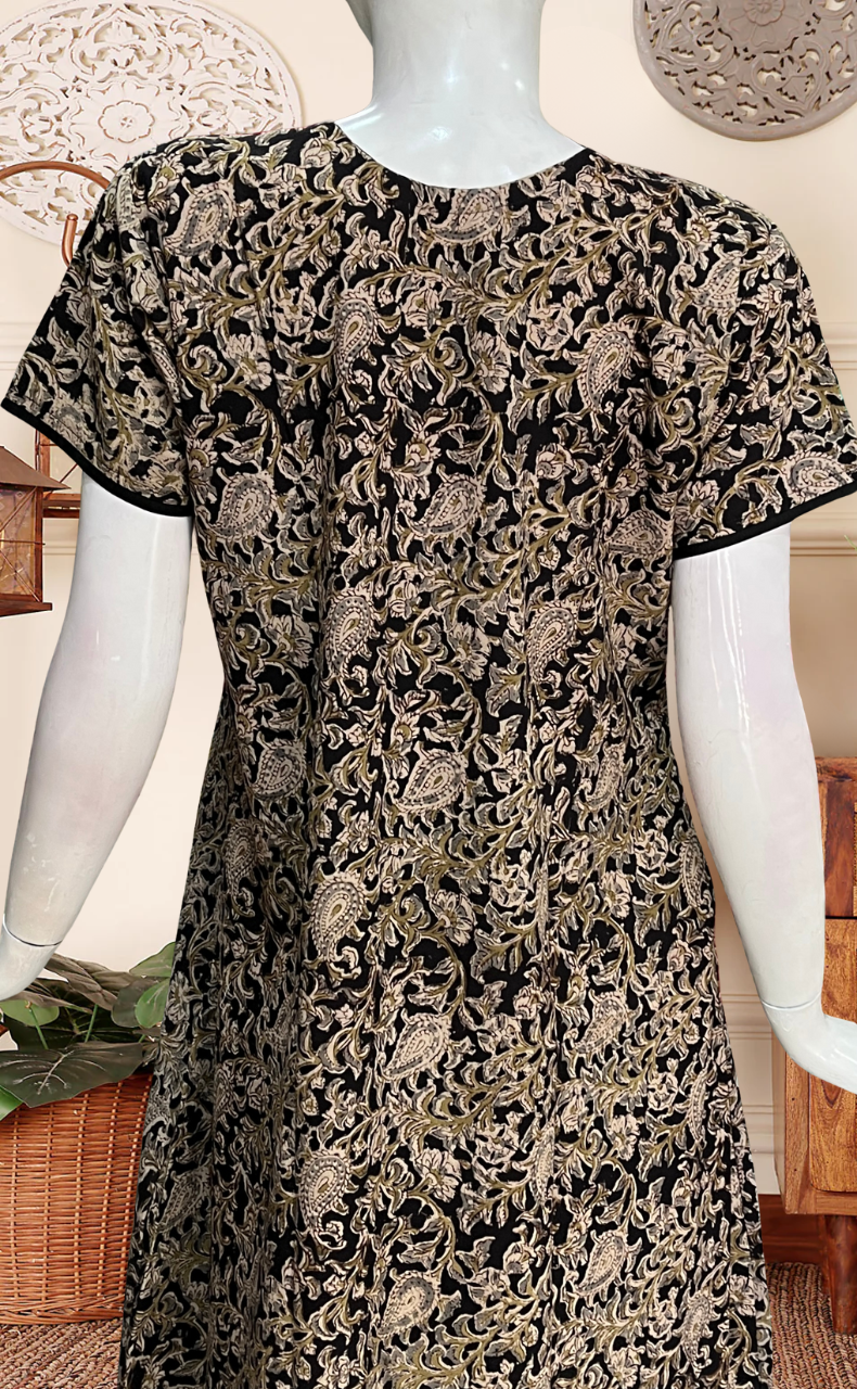 Black Kalamkari Pure Cotton Nighty. Pure Durable Cotton | Laces and Frills