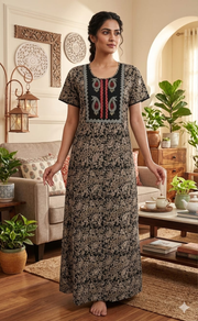 Black Kalamkari Pure Cotton Nighty. Pure Durable Cotton | Laces and Frills - Laces and Frills