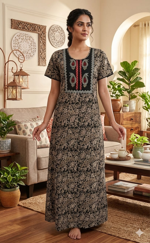 Black Kalamkari Pure Cotton Nighty. Pure Durable Cotton | Laces and Frills - Laces and Frills