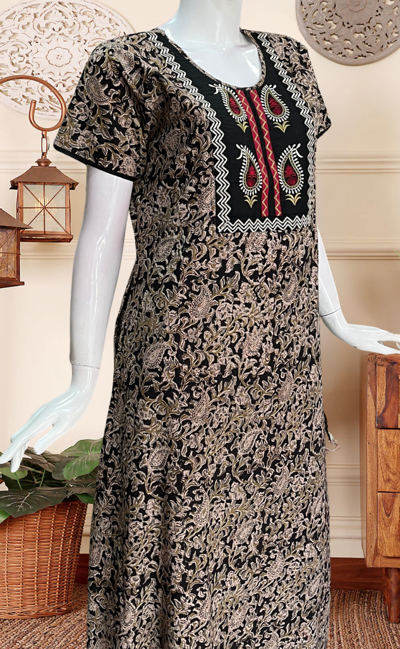 Black Kalamkari Pure Cotton Nighty. Pure Durable Cotton | Laces and Frills