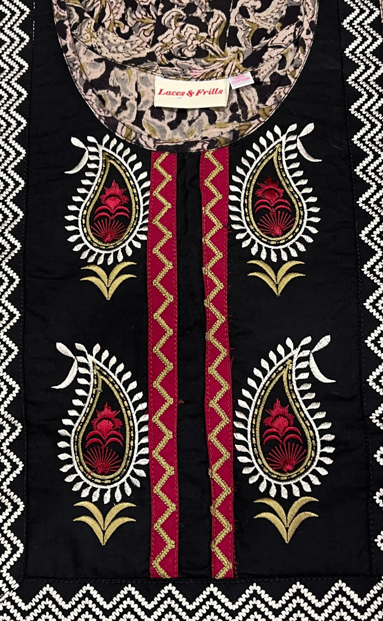 Black Kalamkari Pure Cotton Nighty. Pure Durable Cotton | Laces and Frills