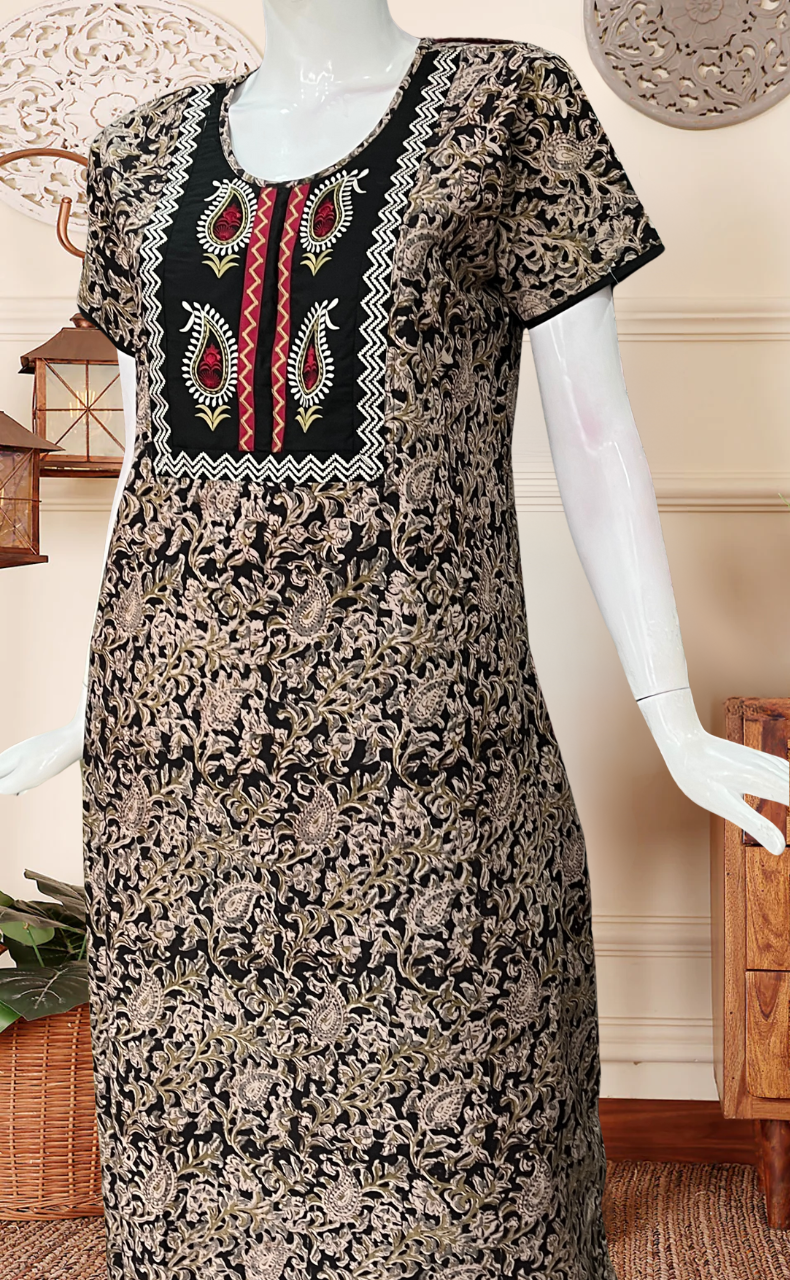 Black Kalamkari Pure Cotton Nighty. Pure Durable Cotton | Laces and Frills