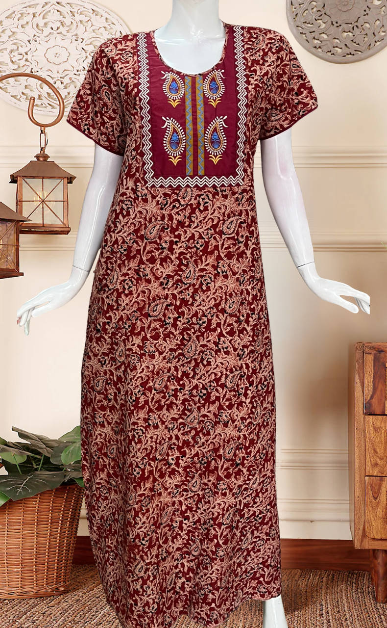 Maroon Kalamkari Pure Cotton Nighty. Pure Durable Cotton | Laces and Frills