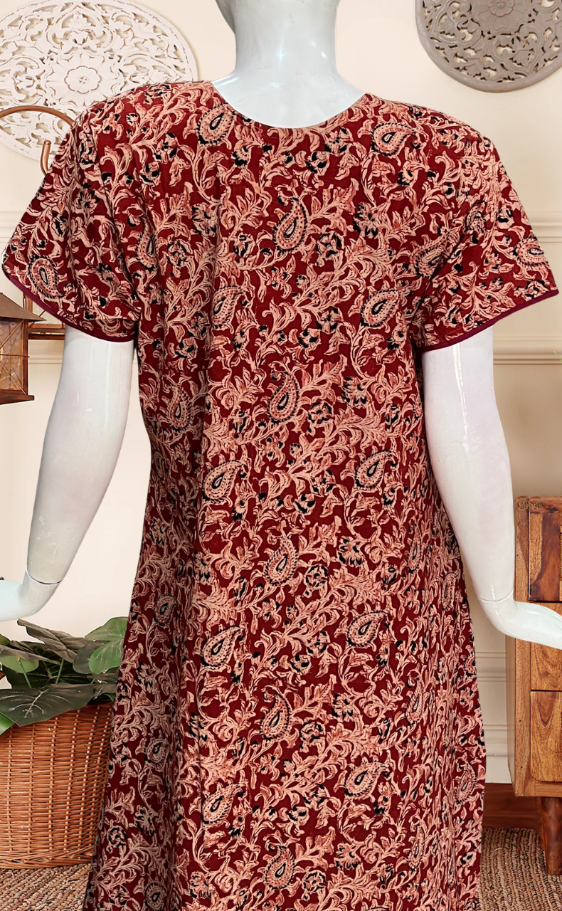 Maroon Kalamkari Pure Cotton Nighty. Pure Durable Cotton | Laces and Frills
