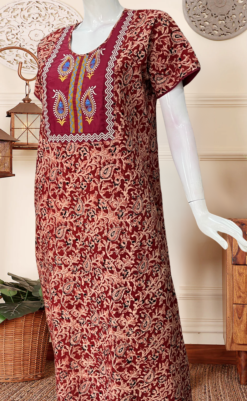Maroon Kalamkari Pure Cotton Nighty. Pure Durable Cotton | Laces and Frills