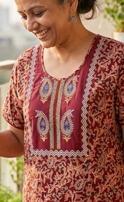 Maroon Kalamkari Pure Cotton Nighty. Pure Durable Cotton | Laces and Frills - Laces and Frills