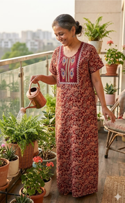 Maroon Kalamkari Pure Cotton Nighty. Pure Durable Cotton | Laces and Frills - Laces and Frills