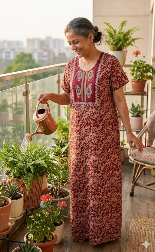 Maroon Kalamkari Pure Cotton Nighty. Pure Durable Cotton | Laces and Frills - Laces and Frills