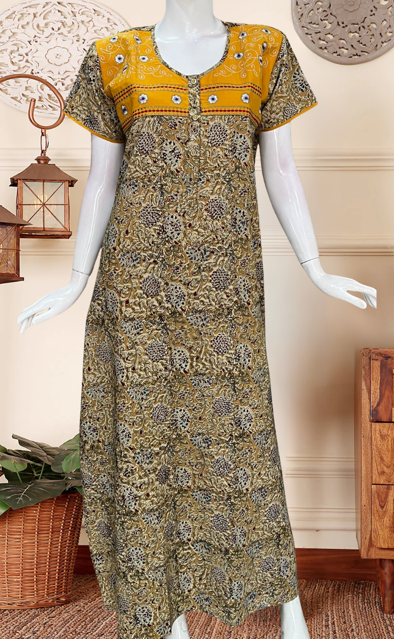 Yellow Kalamkari Pure Cotton Nighty. Pure Durable Cotton | Laces and Frills