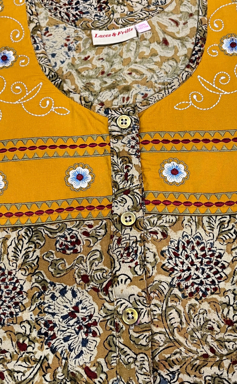 Yellow Kalamkari Pure Cotton Nighty. Pure Durable Cotton | Laces and Frills