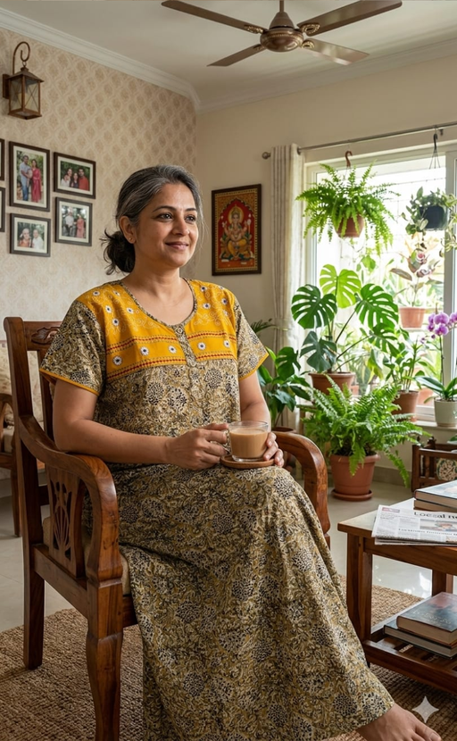 Yellow Kalamkari Pure Cotton Nighty. Pure Durable Cotton | Laces and Frills - Laces and Frills