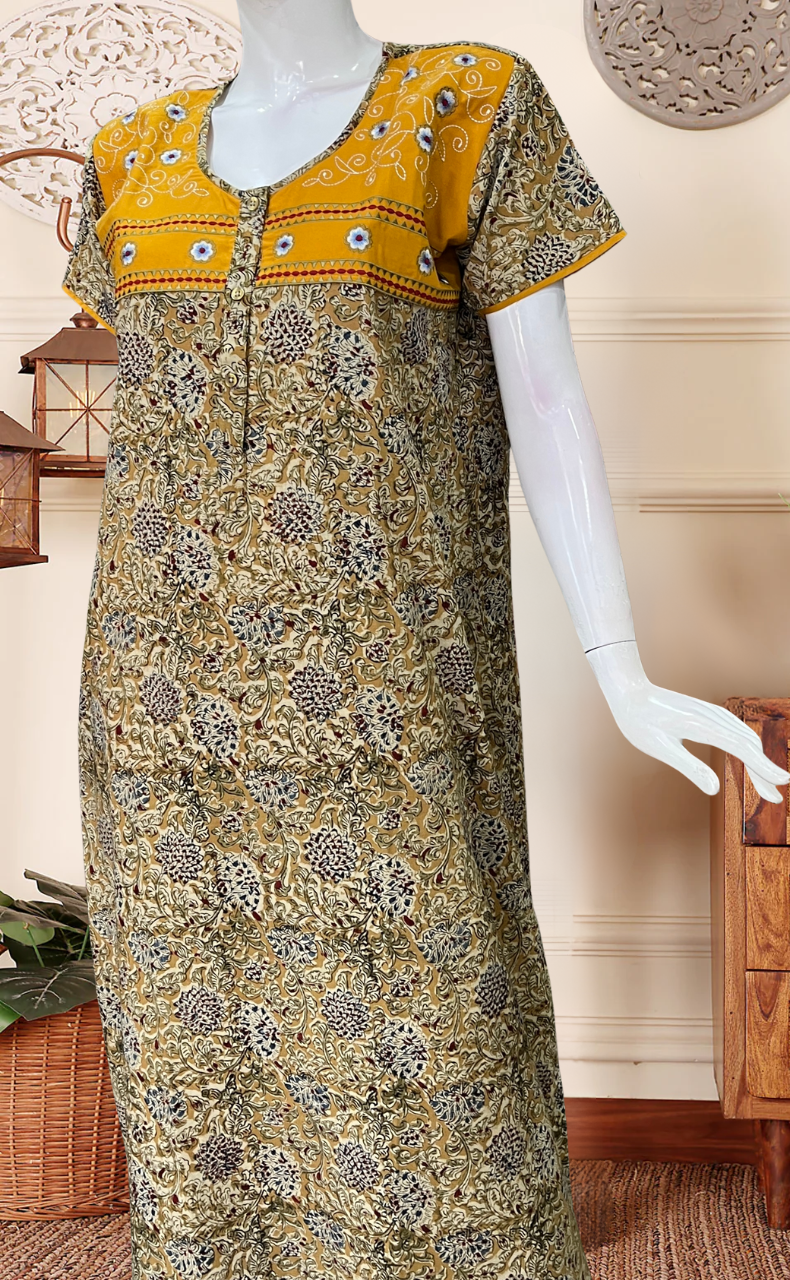 Yellow Kalamkari Pure Cotton Nighty. Pure Durable Cotton | Laces and Frills