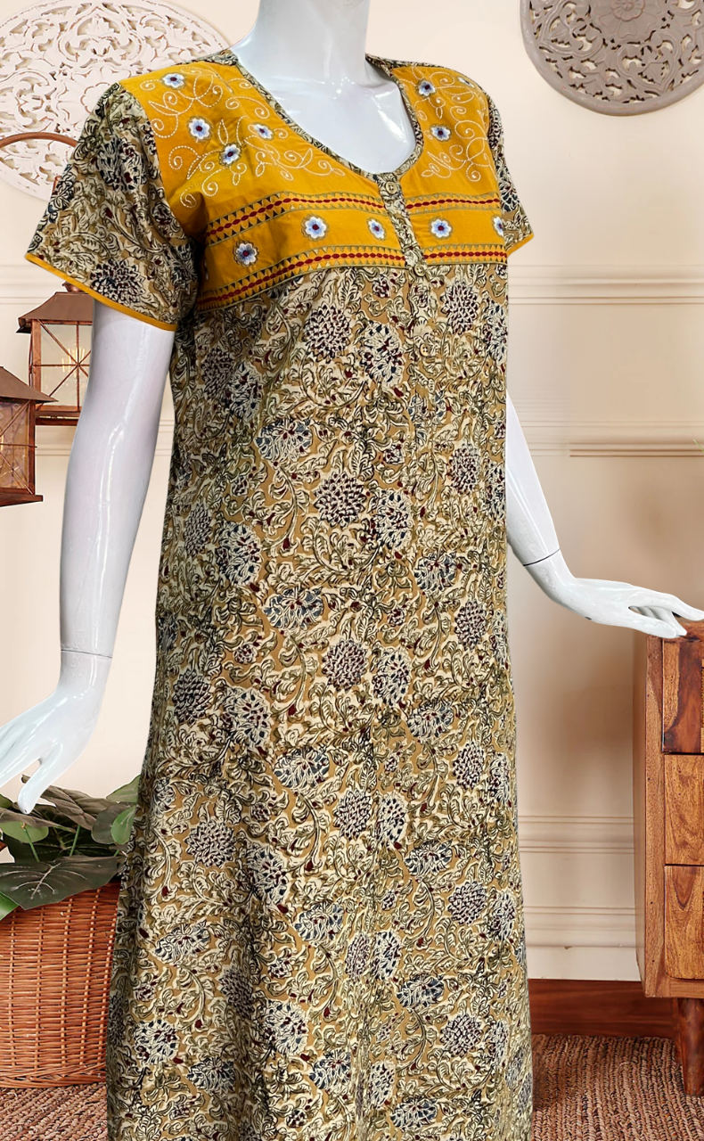 Yellow Kalamkari Pure Cotton Nighty. Pure Durable Cotton | Laces and Frills