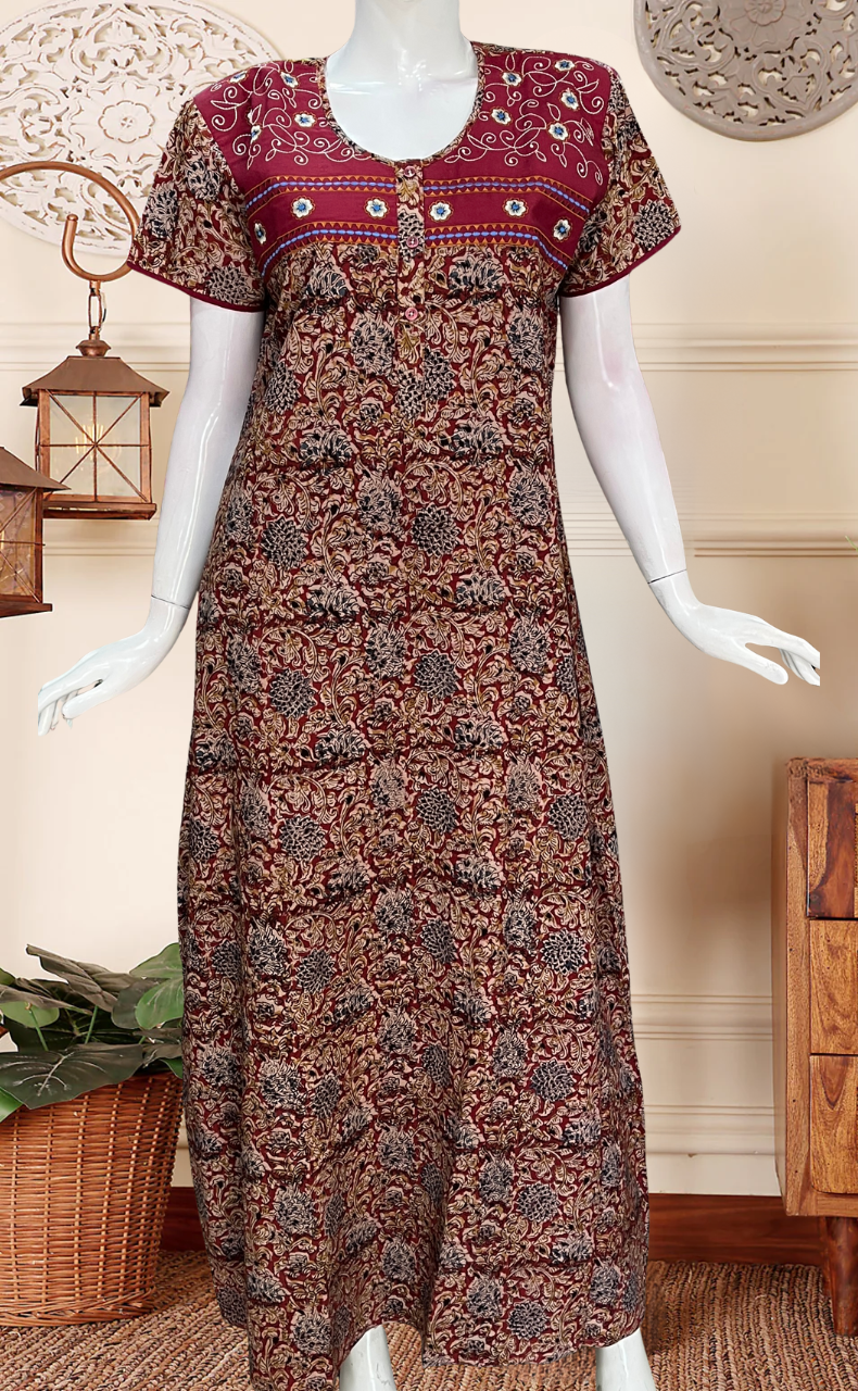 Maroon Kalamkari Pure Cotton Nighty. Pure Durable Cotton | Laces and Frills