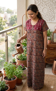 Maroon Kalamkari Pure Cotton Nighty. Pure Durable Cotton | Laces and Frills - Laces and Frills