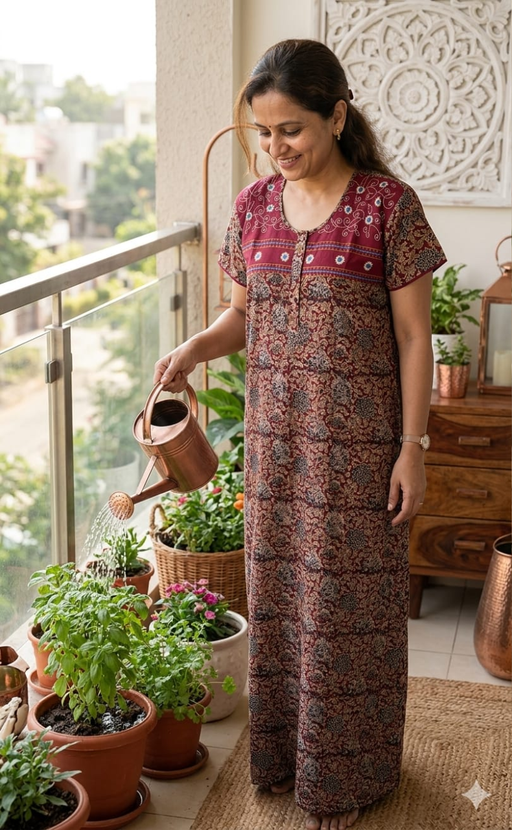 Maroon Kalamkari Pure Cotton Nighty. Pure Durable Cotton | Laces and Frills - Laces and Frills
